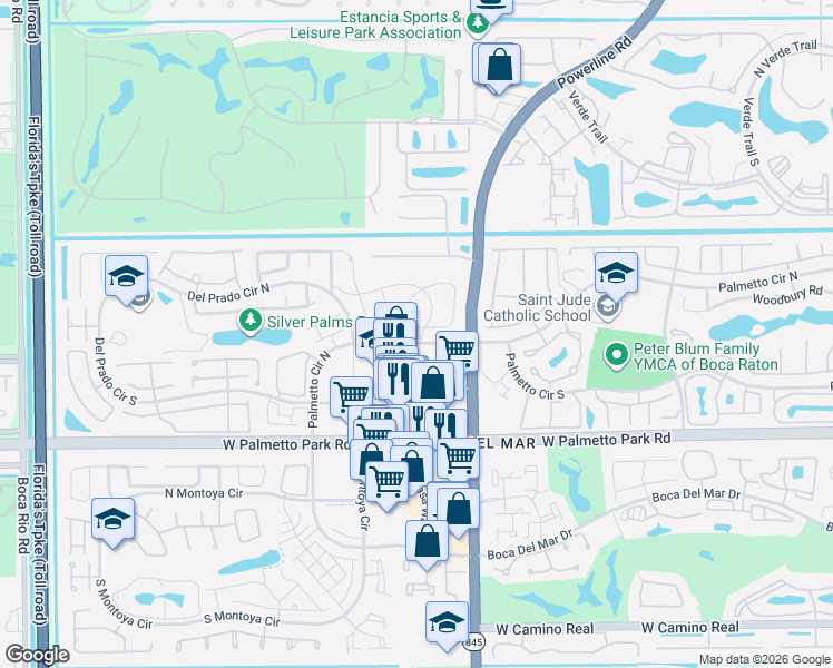 map of restaurants, bars, coffee shops, grocery stores, and more near 7134 San Sebastian Drive in Boca Raton