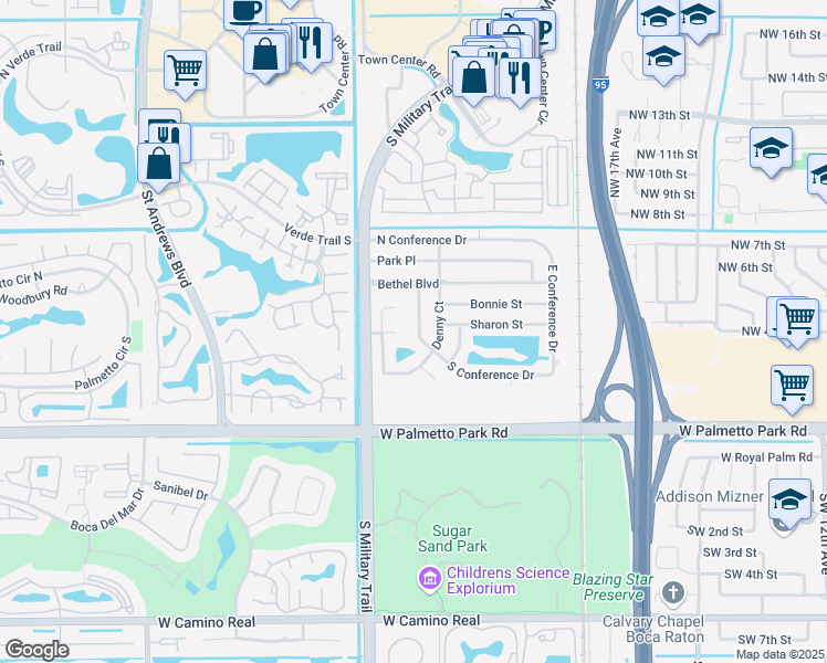 map of restaurants, bars, coffee shops, grocery stores, and more near 323 West Conference Drive in Boca Raton