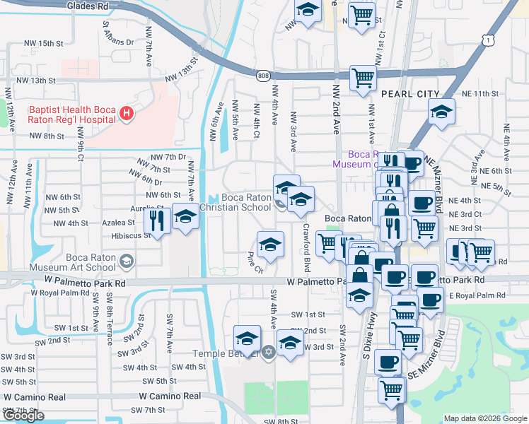 map of restaurants, bars, coffee shops, grocery stores, and more near 398 Northwest 4th Street in Boca Raton