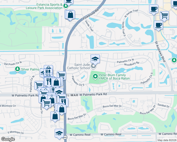map of restaurants, bars, coffee shops, grocery stores, and more near 6807 Bridlewood Court in Boca Raton