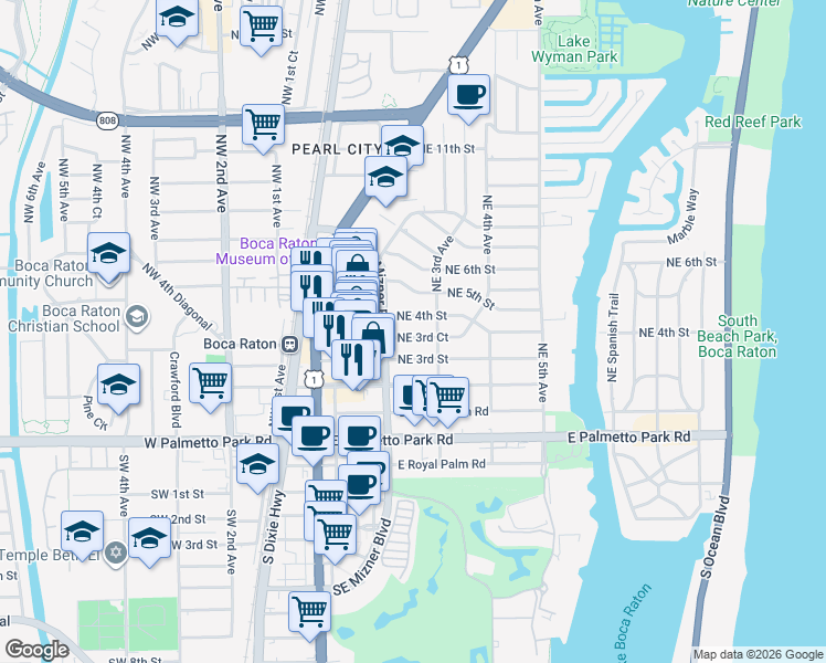map of restaurants, bars, coffee shops, grocery stores, and more near 255 Northeast 3rd Court in Boca Raton