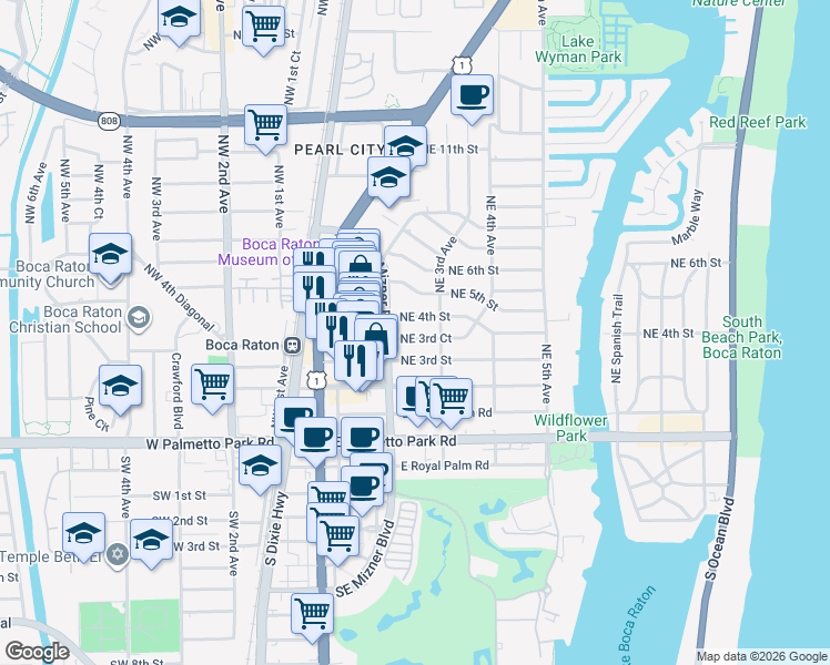 map of restaurants, bars, coffee shops, grocery stores, and more near 299 Northeast 4th Street in Boca Raton