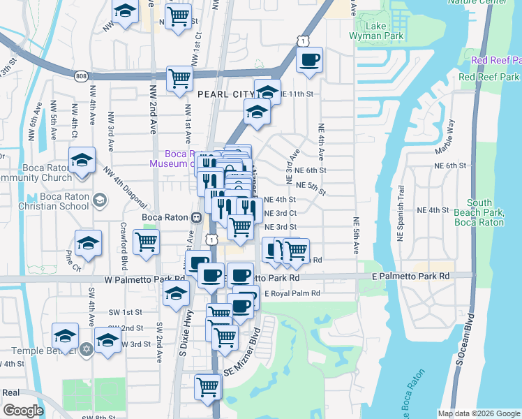 map of restaurants, bars, coffee shops, grocery stores, and more near 201 Northeast 4th Street in Boca Raton