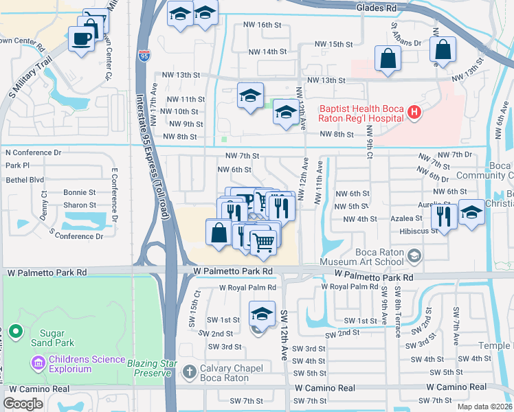 map of restaurants, bars, coffee shops, grocery stores, and more near 1319 Northwest 4th Street in Boca Raton