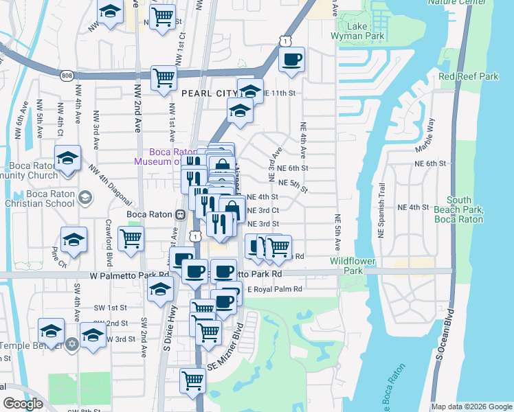map of restaurants, bars, coffee shops, grocery stores, and more near 299 Northeast 4th Street in Boca Raton