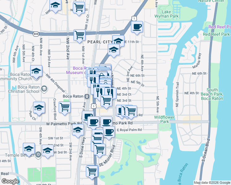 map of restaurants, bars, coffee shops, grocery stores, and more near 201 Northeast 4th Street in Boca Raton