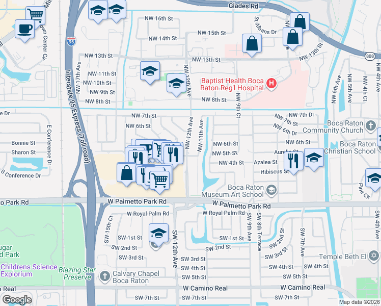 map of restaurants, bars, coffee shops, grocery stores, and more near 481 Northwest 11th Avenue in Boca Raton