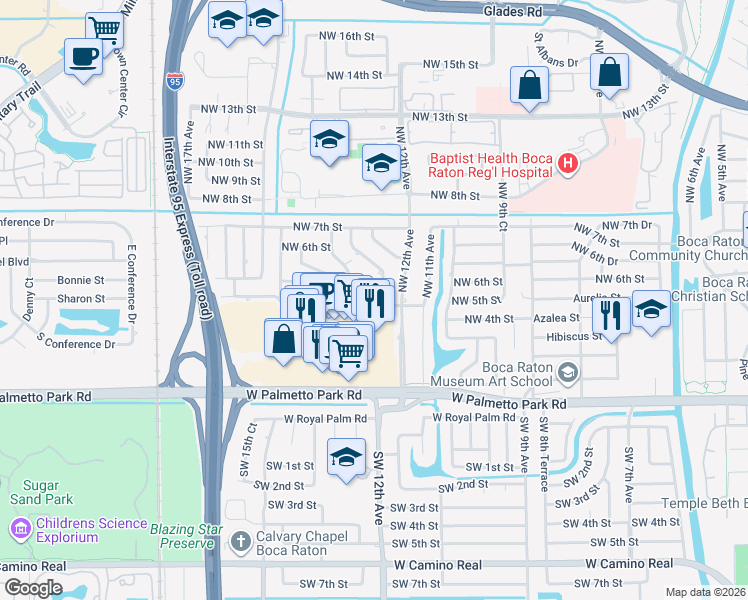 map of restaurants, bars, coffee shops, grocery stores, and more near 516 Northwest 12th Terrace in Boca Raton