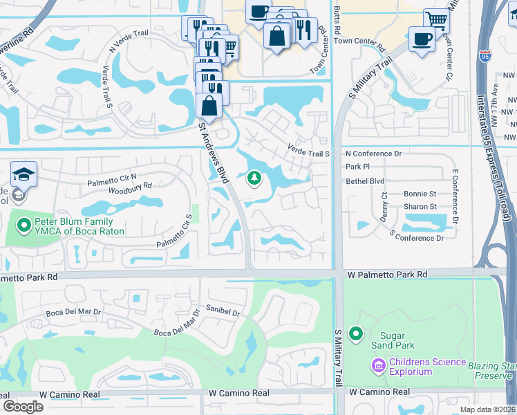 map of restaurants, bars, coffee shops, grocery stores, and more near 21626 Saint Andrews Boulevard in Boca Raton