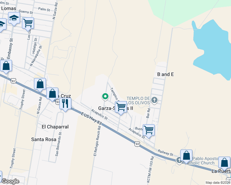 map of restaurants, bars, coffee shops, grocery stores, and more near 5561 Tampico Street in Rio Grande City