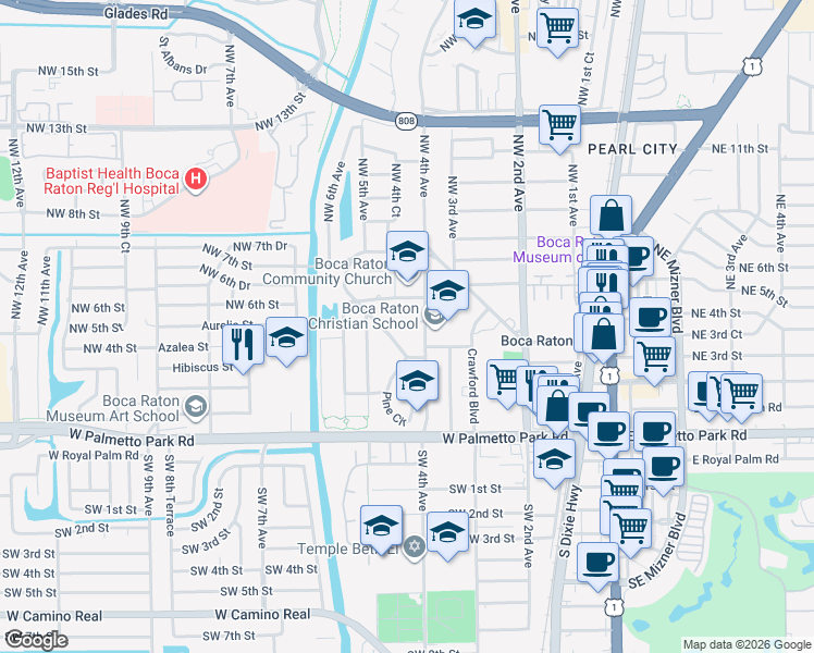 map of restaurants, bars, coffee shops, grocery stores, and more near 555 Northwest 4th Avenue in Boca Raton