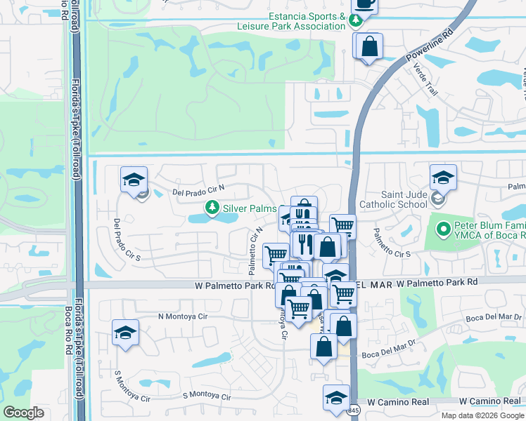 map of restaurants, bars, coffee shops, grocery stores, and more near 21695 San Simeon Circle in Boca Raton