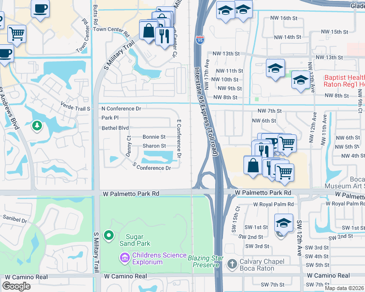map of restaurants, bars, coffee shops, grocery stores, and more near 500 East Conference Drive in Boca Raton