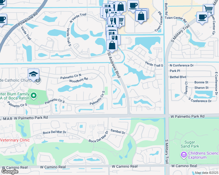 map of restaurants, bars, coffee shops, grocery stores, and more near 21657 Town Place Drive in Boca Raton