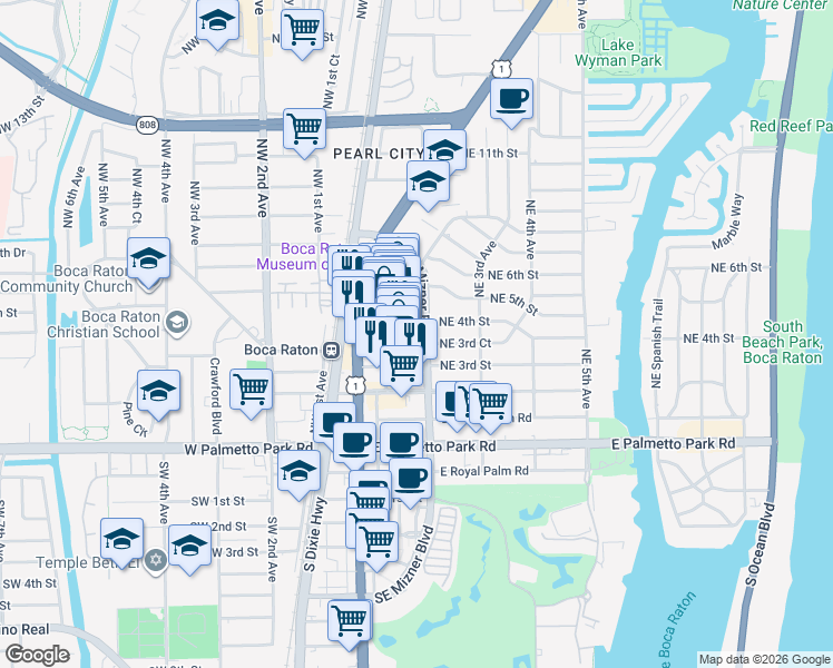map of restaurants, bars, coffee shops, grocery stores, and more near 201 Northeast 4th Street in Boca Raton
