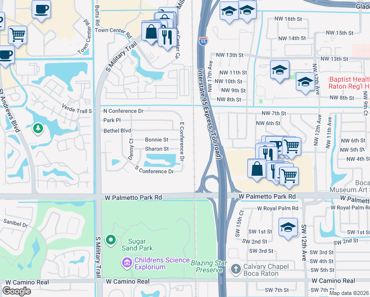 map of restaurants, bars, coffee shops, grocery stores, and more near 500 East Conference Drive in Boca Raton