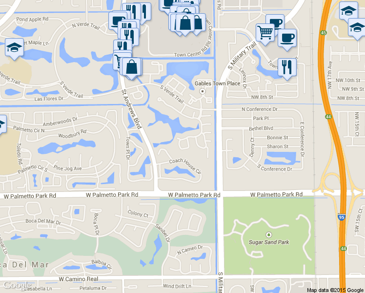 map of restaurants, bars, coffee shops, grocery stores, and more near 21676 Wessex Way in Boca Raton