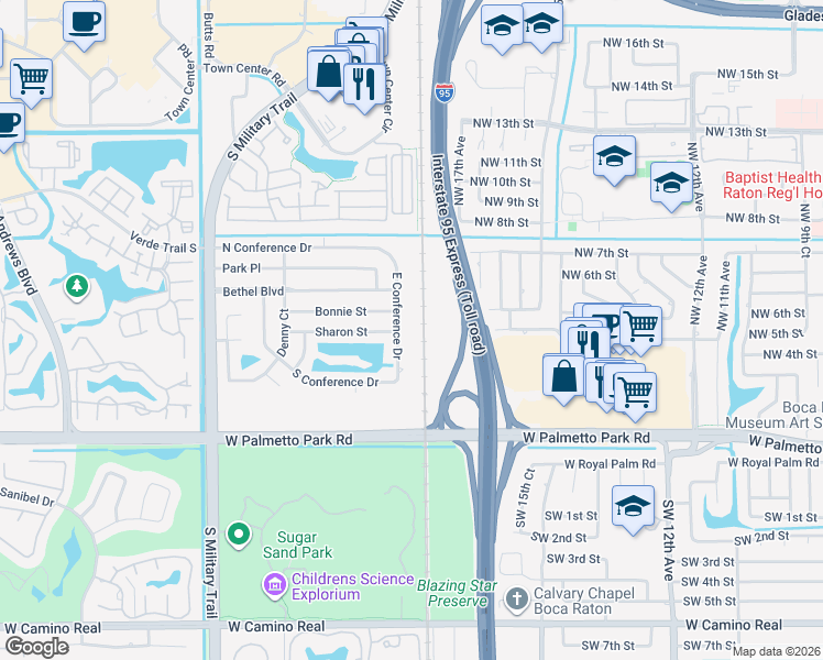 map of restaurants, bars, coffee shops, grocery stores, and more near 400 East Conference Drive in Boca Raton