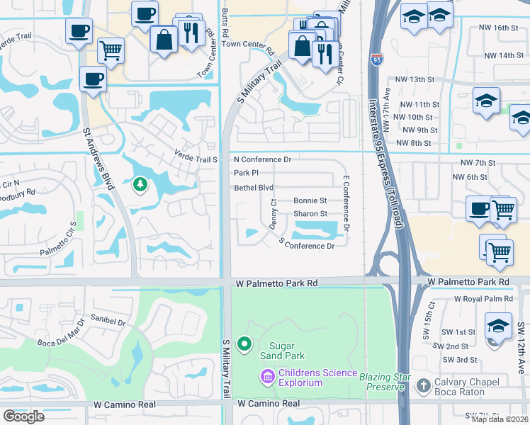 map of restaurants, bars, coffee shops, grocery stores, and more near 420 West Conference Drive in Boca Raton