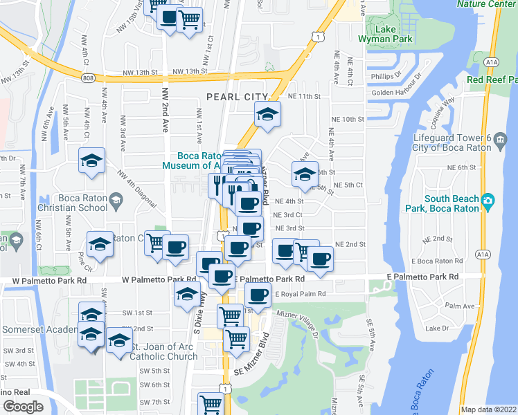 map of restaurants, bars, coffee shops, grocery stores, and more near 401 Northeast Mizner Boulevard in Boca Raton