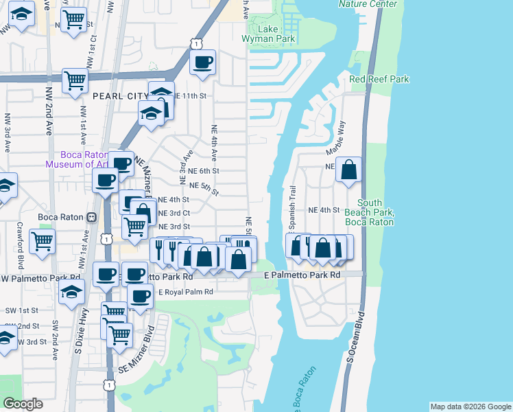 map of restaurants, bars, coffee shops, grocery stores, and more near 500 Northeast 5th Avenue in Boca Raton