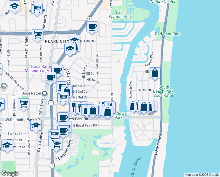 map of restaurants, bars, coffee shops, grocery stores, and more near 500 Northeast 5th Avenue in Boca Raton