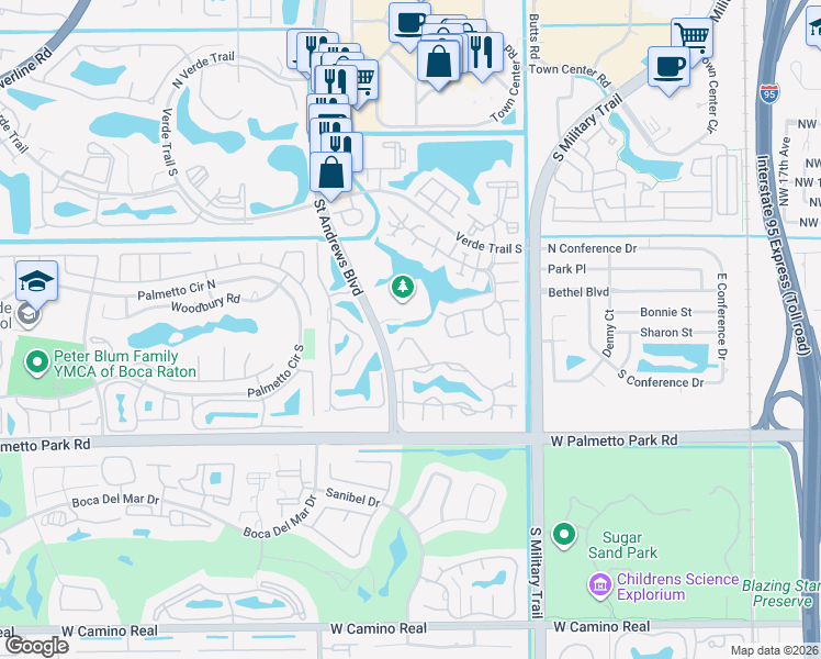 map of restaurants, bars, coffee shops, grocery stores, and more near 21626 Saint Andrews Boulevard in Boca Raton