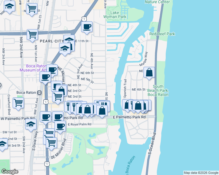 map of restaurants, bars, coffee shops, grocery stores, and more near 500 Northeast 5th Avenue in Boca Raton