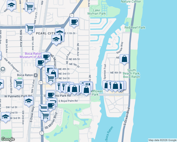 map of restaurants, bars, coffee shops, grocery stores, and more near 500 Northeast 5th Avenue in Boca Raton