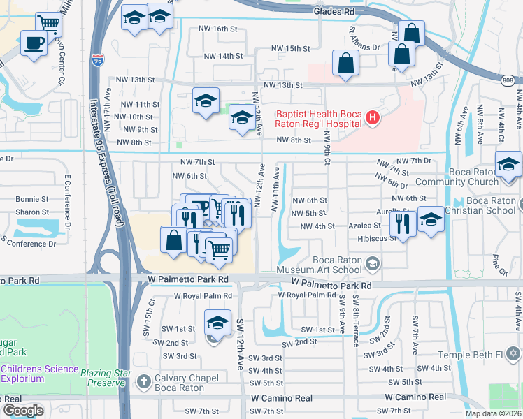 map of restaurants, bars, coffee shops, grocery stores, and more near 481 Northwest 11th Avenue in Boca Raton