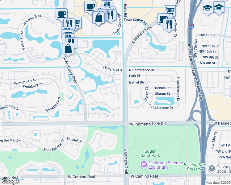 map of restaurants, bars, coffee shops, grocery stores, and more near 5539 Ashpon Court in Boca Raton