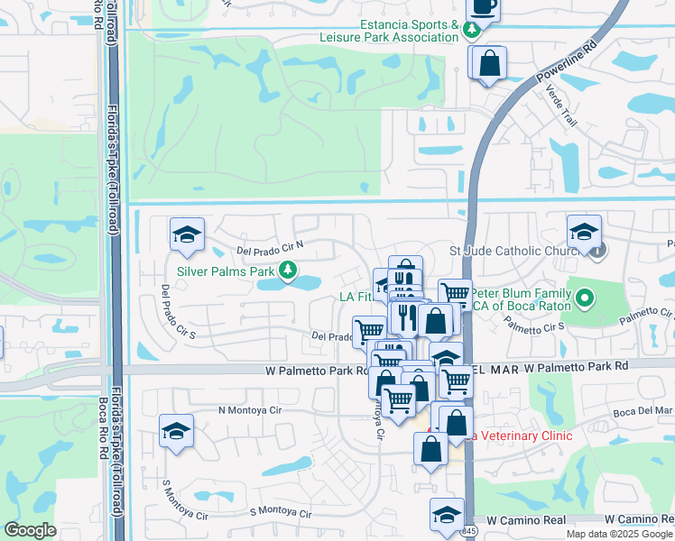 map of restaurants, bars, coffee shops, grocery stores, and more near 7430 Silver Woods Court in Boca Raton