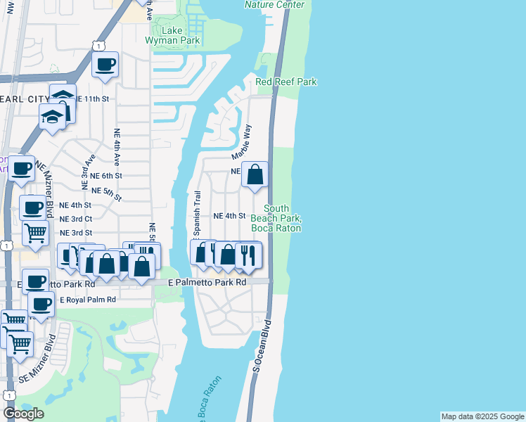 map of restaurants, bars, coffee shops, grocery stores, and more near 425 North Ocean Boulevard in Boca Raton