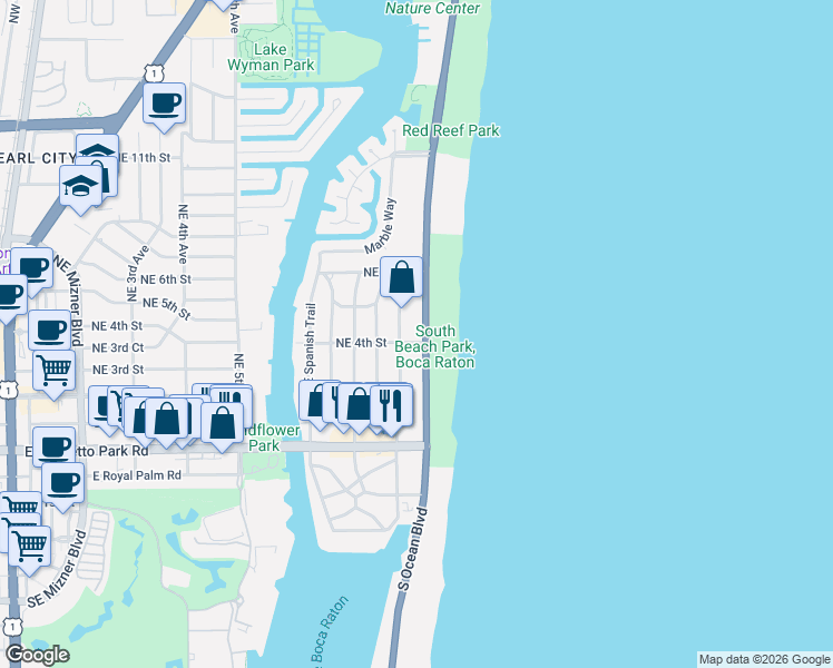 map of restaurants, bars, coffee shops, grocery stores, and more near 461 Northeast Wavecrest Way in Boca Raton