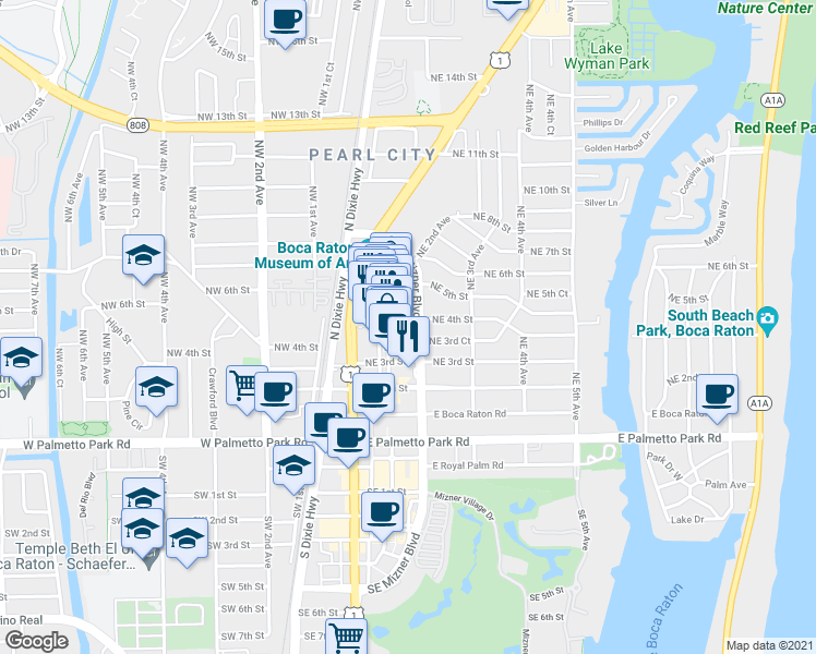map of restaurants, bars, coffee shops, grocery stores, and more near 201 Northeast 4th Street in Boca Raton