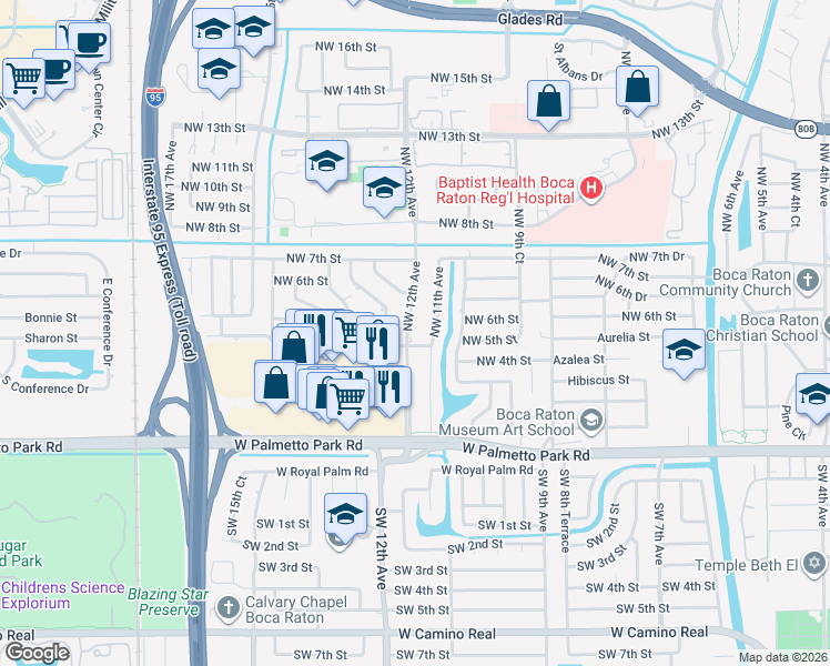 map of restaurants, bars, coffee shops, grocery stores, and more near 481 Northwest 11th Avenue in Boca Raton