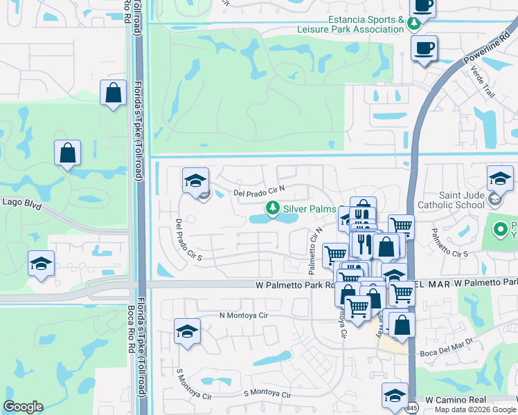 map of restaurants, bars, coffee shops, grocery stores, and more near 7547 Silver Woods Court in Boca Raton