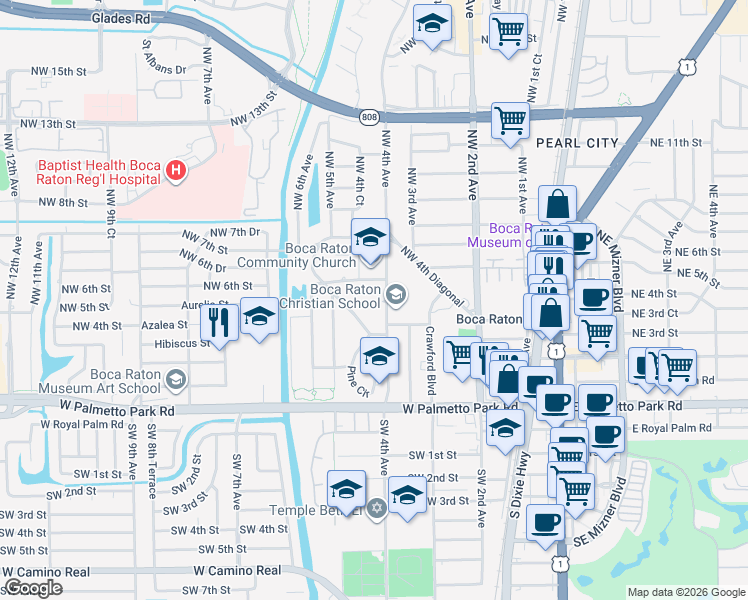 map of restaurants, bars, coffee shops, grocery stores, and more near 555 Northwest 4th Avenue in Boca Raton