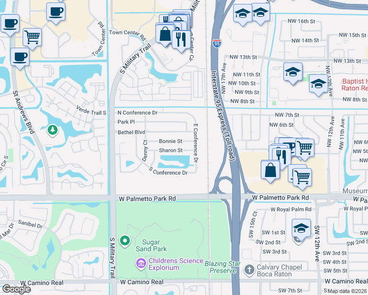 map of restaurants, bars, coffee shops, grocery stores, and more near 1938 Bonnie Street in Boca Raton