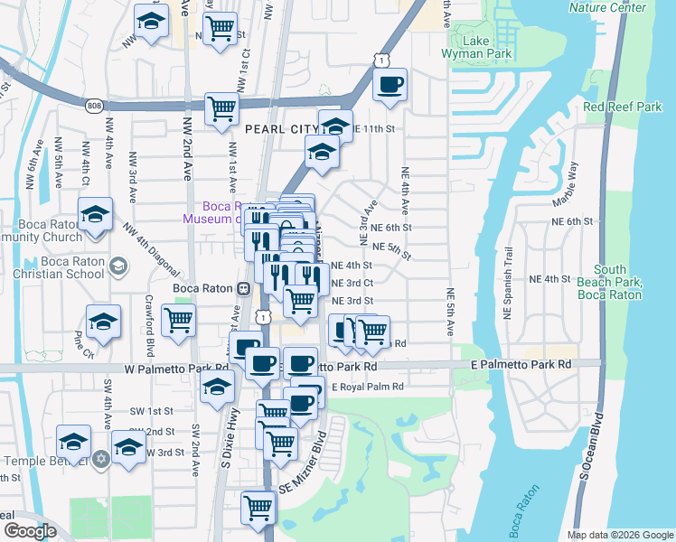 map of restaurants, bars, coffee shops, grocery stores, and more near 201 Northeast 4th Street in Boca Raton