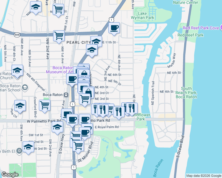 map of restaurants, bars, coffee shops, grocery stores, and more near 399 Northeast 4th Street in Boca Raton