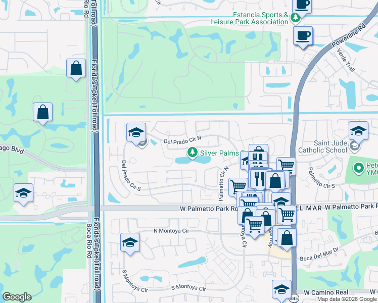 map of restaurants, bars, coffee shops, grocery stores, and more near 7536 Silver Woods Court in Boca Raton