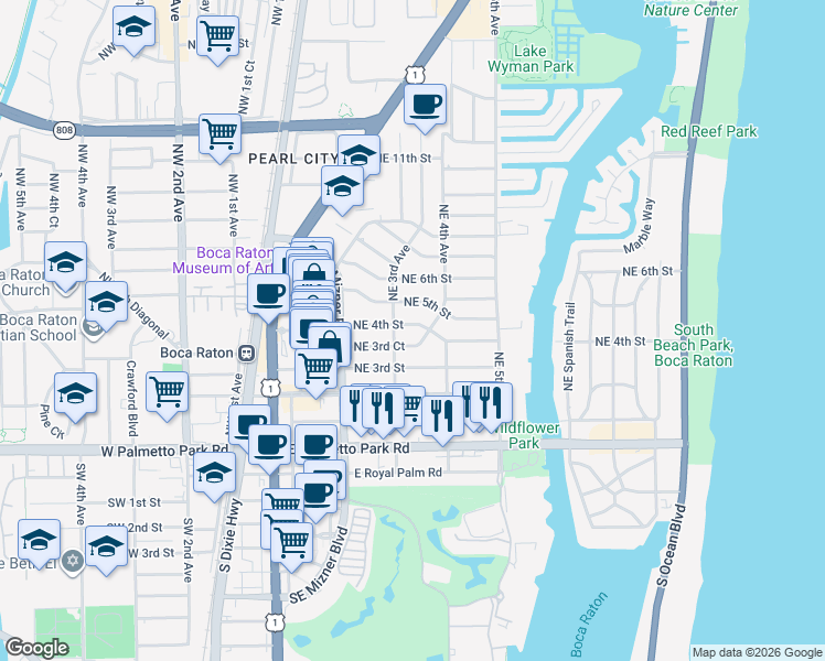 map of restaurants, bars, coffee shops, grocery stores, and more near 399 Northeast 4th Street in Boca Raton