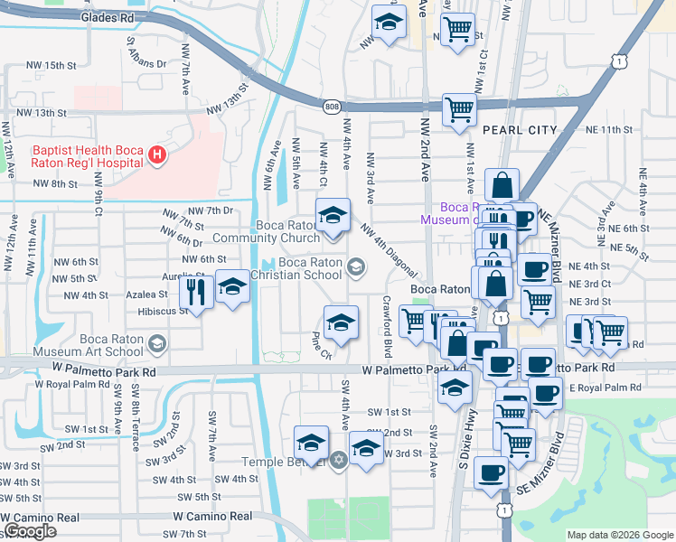 map of restaurants, bars, coffee shops, grocery stores, and more near 555 Northwest 4th Avenue in Boca Raton