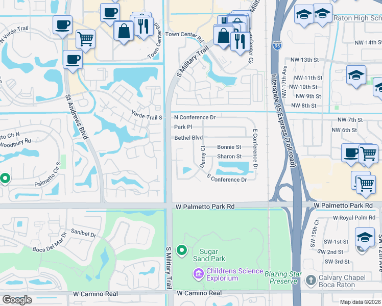 map of restaurants, bars, coffee shops, grocery stores, and more near 499 West Conference Drive in Boca Raton