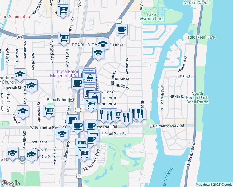 map of restaurants, bars, coffee shops, grocery stores, and more near 334 Northeast 4th Street in Boca Raton