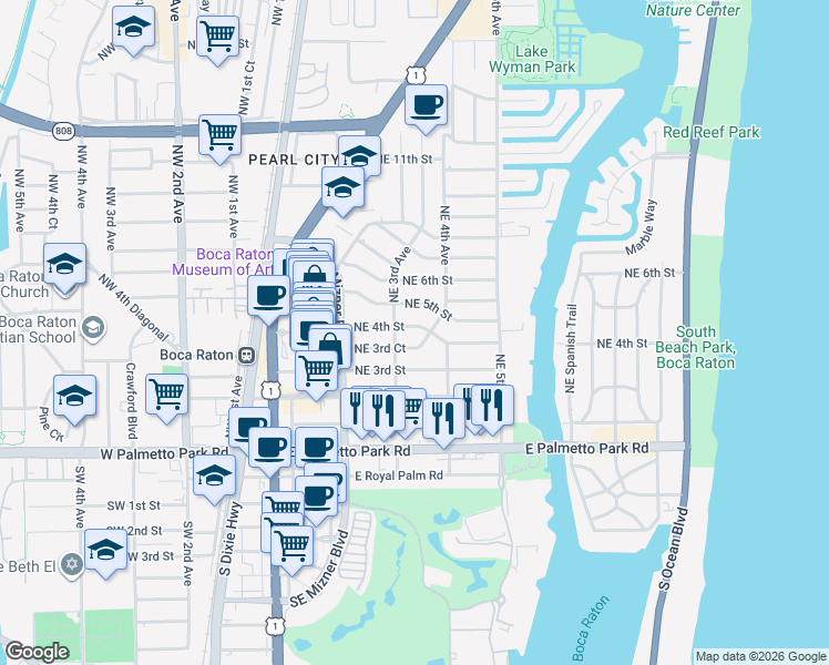 map of restaurants, bars, coffee shops, grocery stores, and more near 354 Northeast 4th Street in Boca Raton