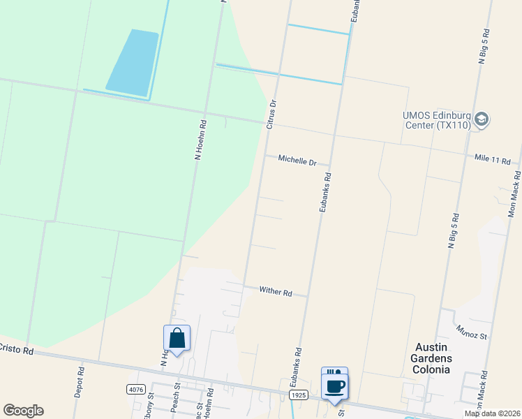 map of restaurants, bars, coffee shops, grocery stores, and more near 16916 Citrus Drive in Edinburg