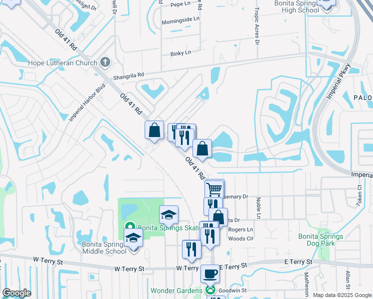 map of restaurants, bars, coffee shops, grocery stores, and more near 26455 Old 41 Road in Bonita Springs