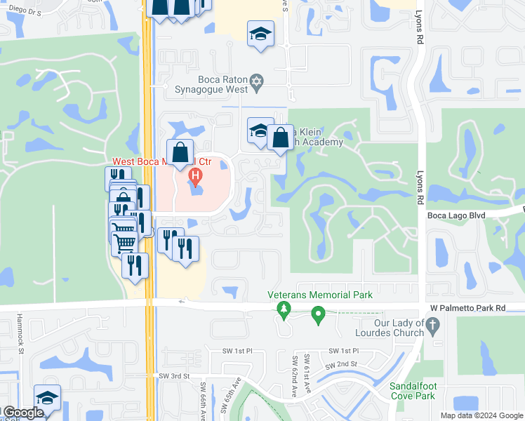 map of restaurants, bars, coffee shops, grocery stores, and more near 9591 Stones River Park Way in Boca Raton